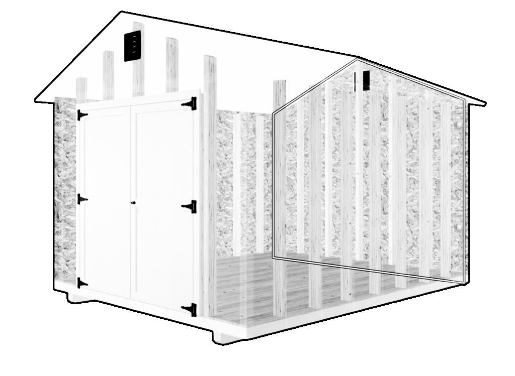 Cutaway illustration of a wooden Glenco storage shed showing internal framing, wall studs, flooring, and siding construction.